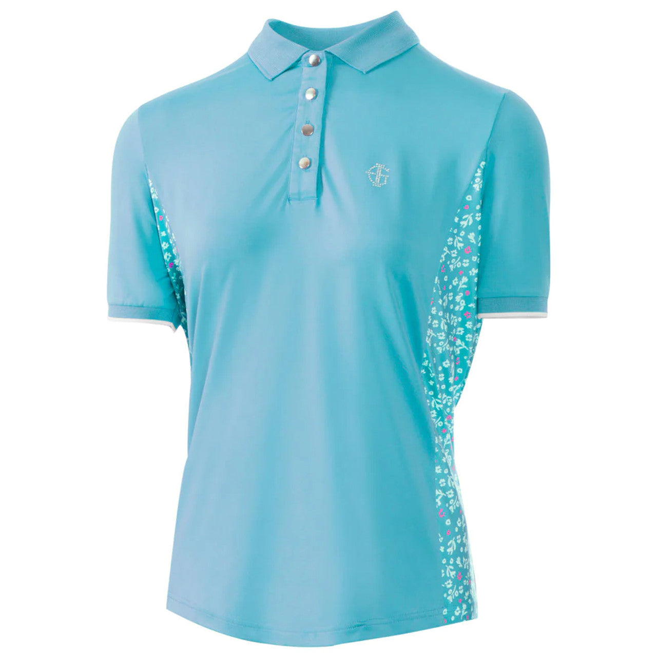 Island green short sleeve zip neck polo top for women with floral side panels