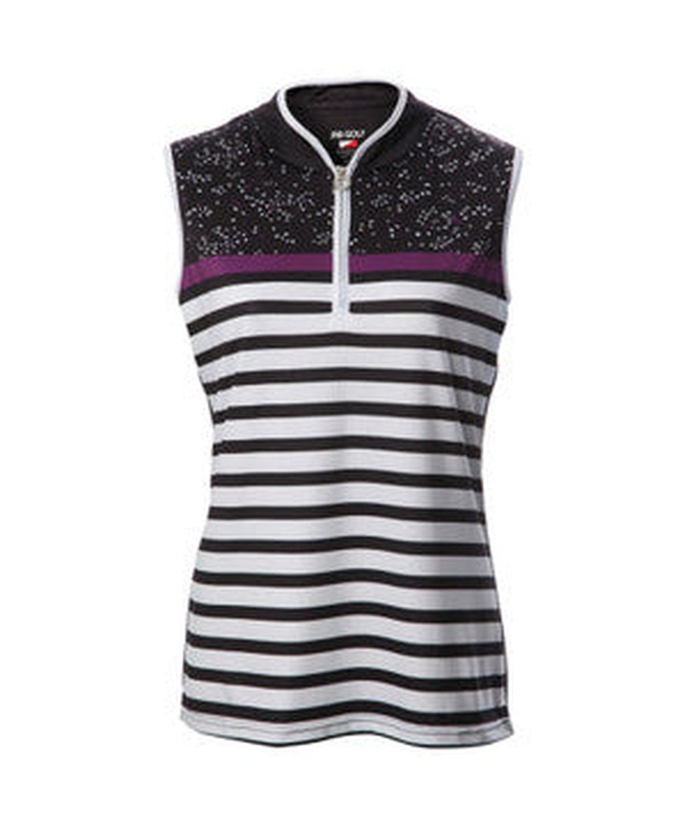 Ladies JRB purple grape sleeveless striped polo top with zip front and self-fabric collar.