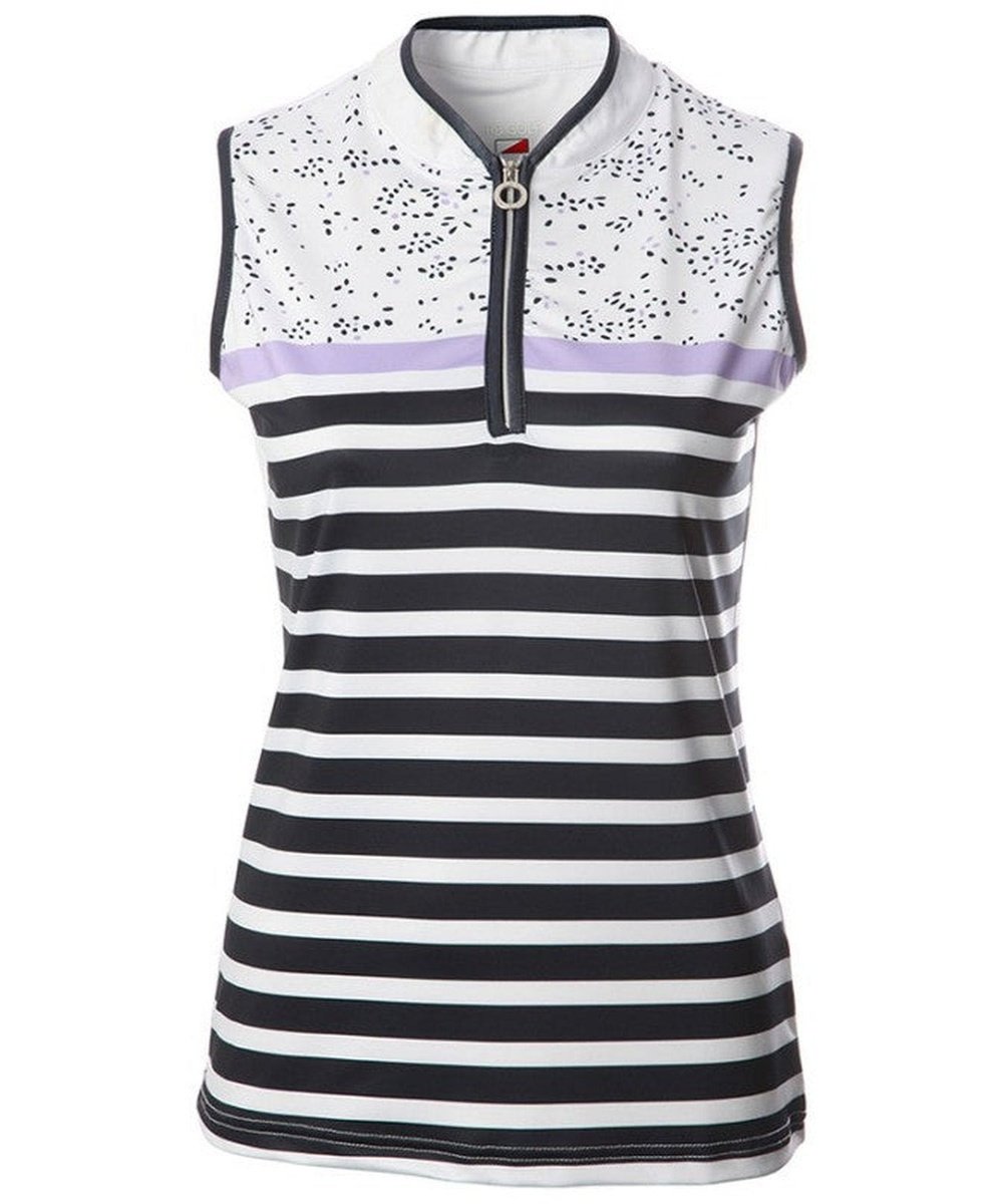 Ladies JRB Lavender sleeveless striped polo top with zipper and floral upper design