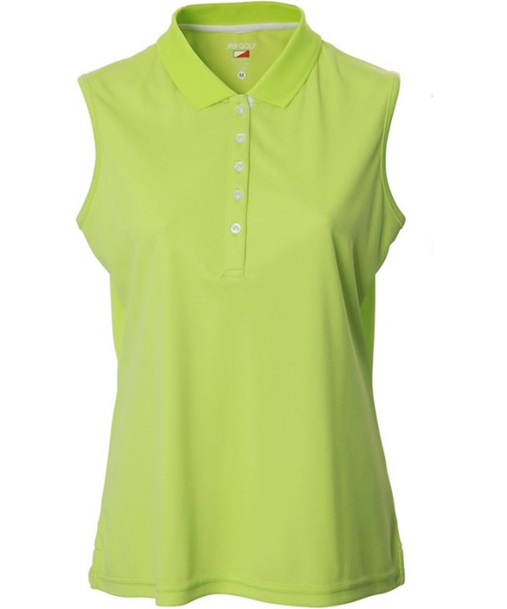 Ladies JRB lime green golf pique sleeveless polo top with 5-button placket and polyester-spandex blend