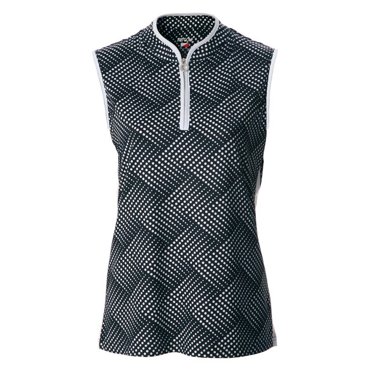 Ladies JRB navy and white spot sleeveless polo top with silver ring pull zip and mandarin collar