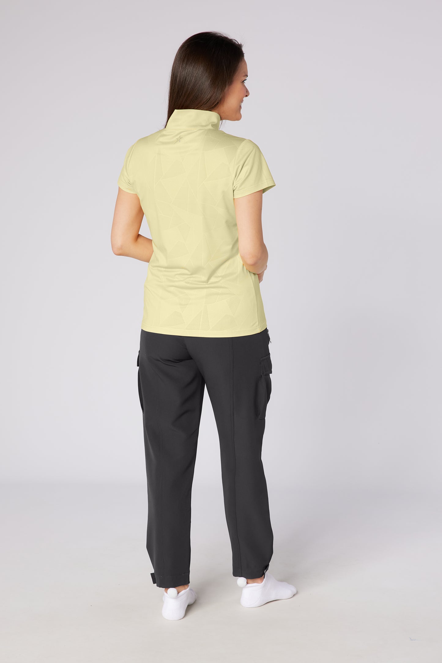 Swing out Sister Embossed Mirage Cap Sleeve Ladies Polo with Zip Neck in Lemon Drop