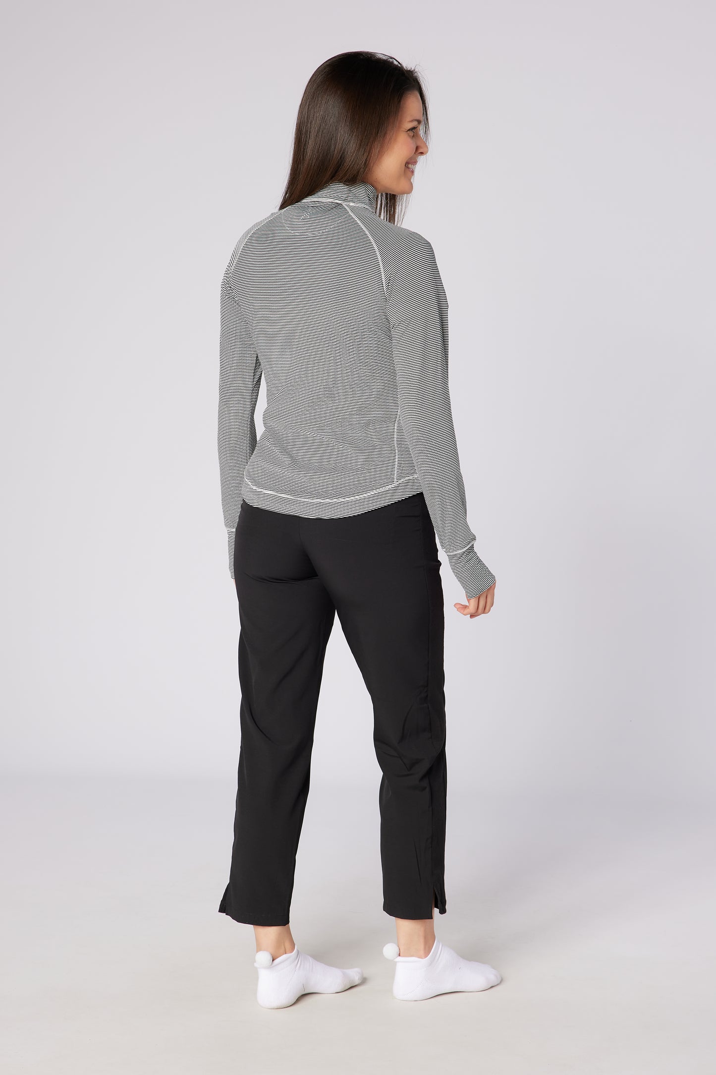 Swing out Sister Black and White Fine stripe Lottie Zip Neck Top