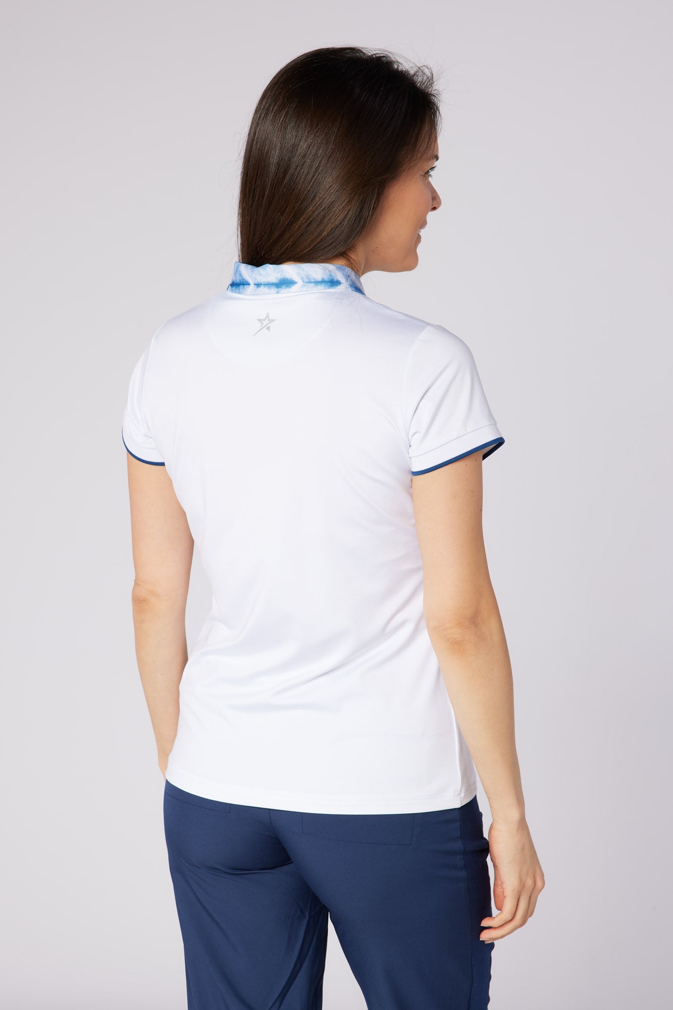 Swing out Sister Luca Cap Sleeve Polo in White with Neptune Breath Print Detailing to the Collar