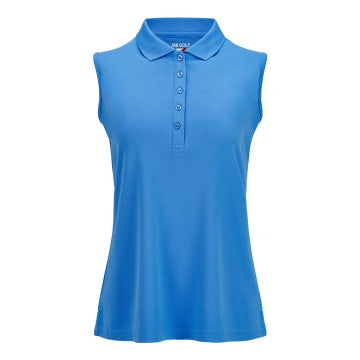 Ladies JRB Azure Blue Pique Sleeveless Polo shirt with 5-button placket, made of polyester and spandex blend