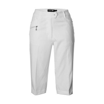 White knee length ladies JRB City Shorts with front zipper pocket and button closure.