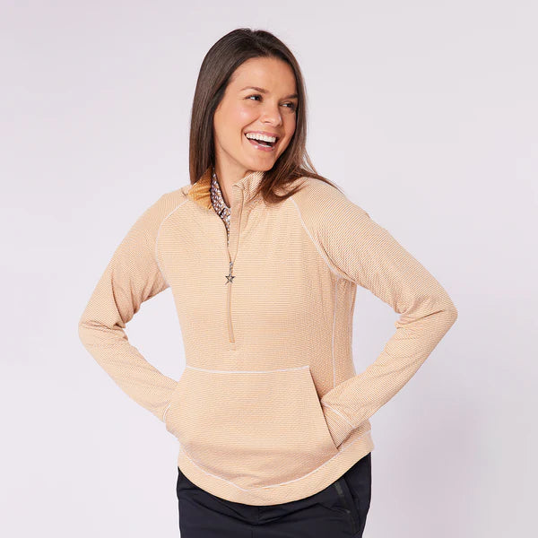 Swing out Sister Gold and White Fine stripe Lottie Zip Neck Top