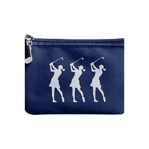Lady Golfer Navy Coin Purse with golf club zipper and golfer silhouettes on navy polyester fabric