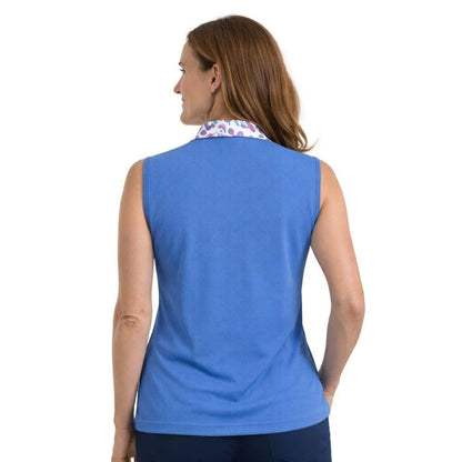 Island Green Ladies Sleeveless Leopard Print Collar Polo Top in Blue