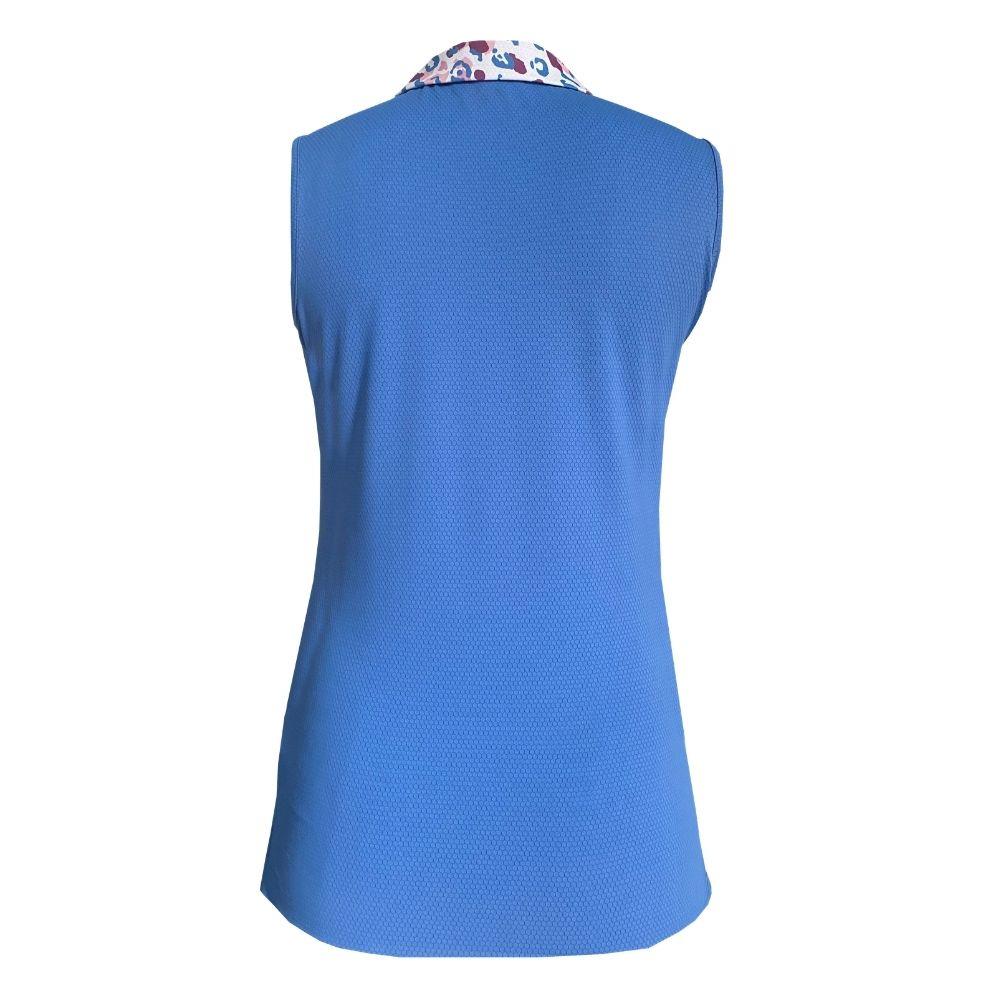 Island Green Ladies Sleeveless Leopard Print Collar Polo Top in Blue
