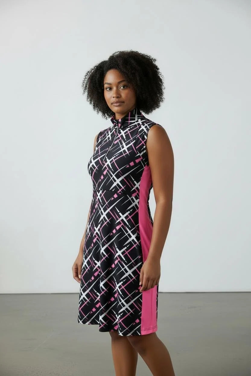JRB Sleeveless Black and Pink Golf Dress with Pattern Side Panels