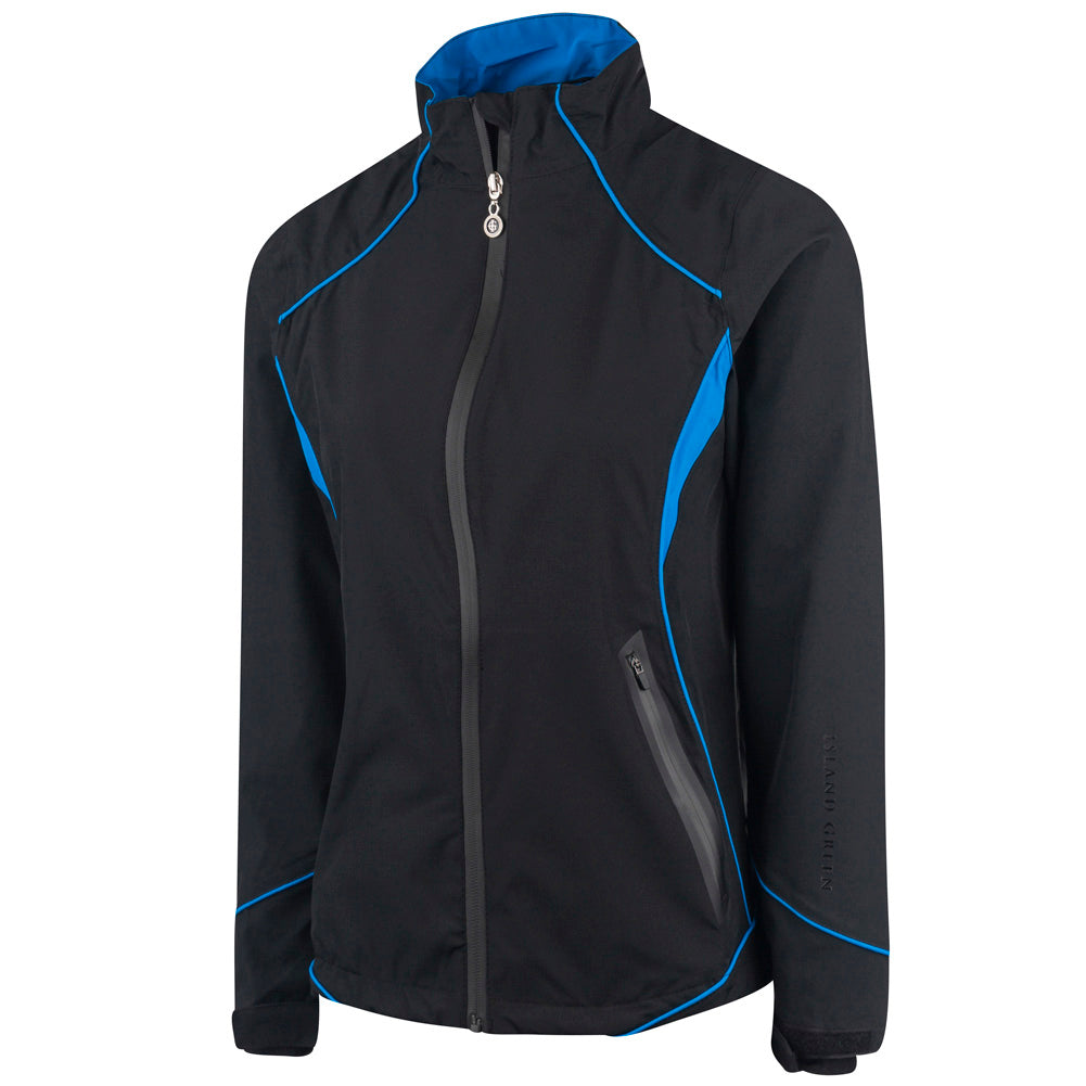 Island Green Ladies Waterproof Jacket in Black with Blue