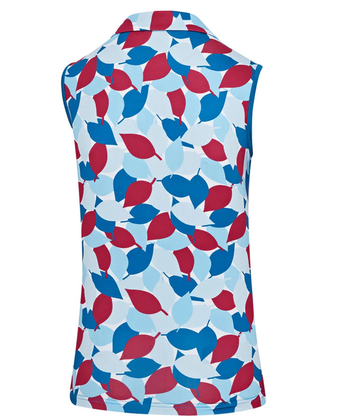 Island Green Leaf Print Sleeveless Polo In Blue