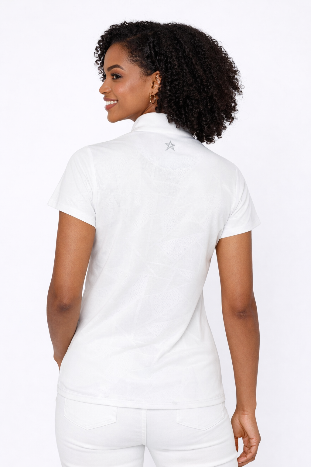 Swing out Sister Embossed Mirage Cap Sleeve Ladies Polo with Zip Neck in White