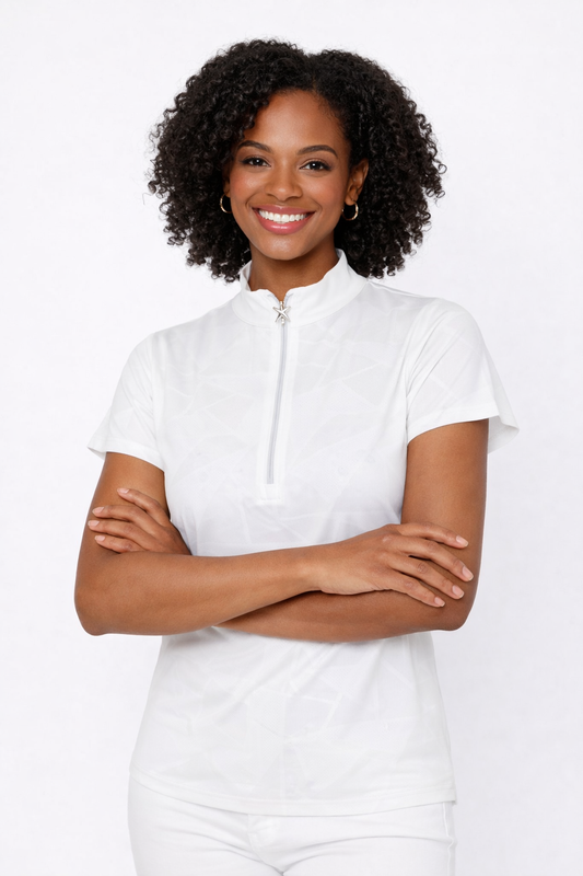 Swing out Sister Embossed Mirage Cap Sleeve Ladies Polo with Zip Neck in White
