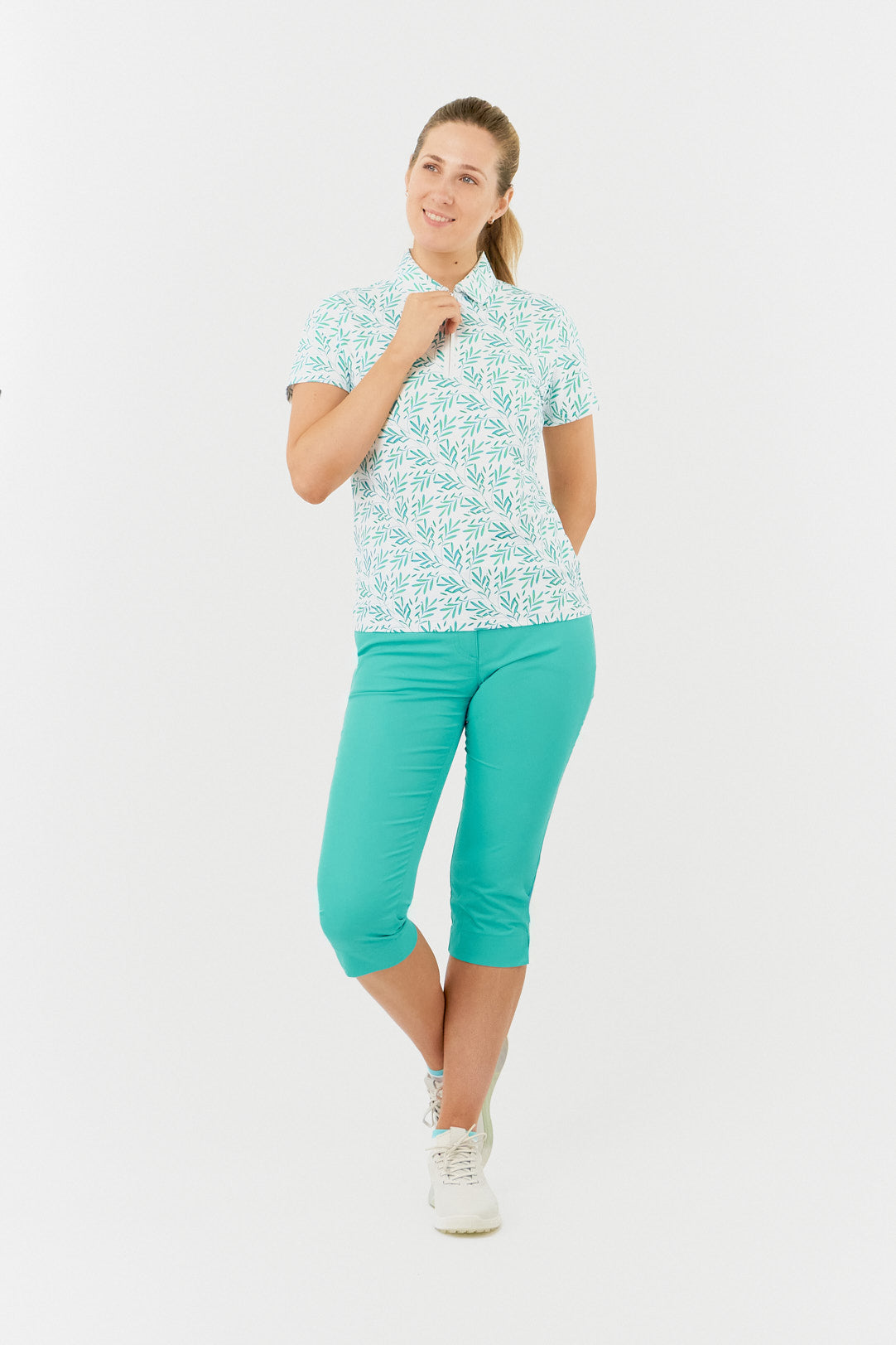 Pure Amity Short Sleeve Polo Shirt Floating Palms Green/White