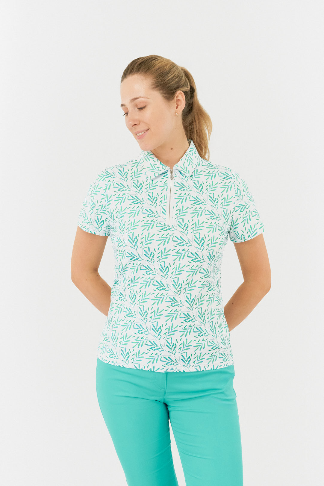Pure Amity Short Sleeve Polo Shirt Floating Palms Green/White