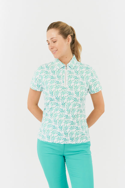 Pure Amity Short Sleeve Polo Shirt Floating Palms Green/White