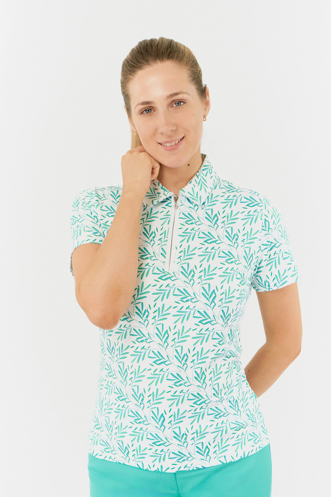 Pure Amity Short Sleeve Polo Shirt Floating Palms Green/White