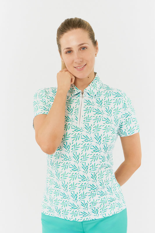 Pure Amity Short Sleeve Polo Shirt Floating Palms Green/White