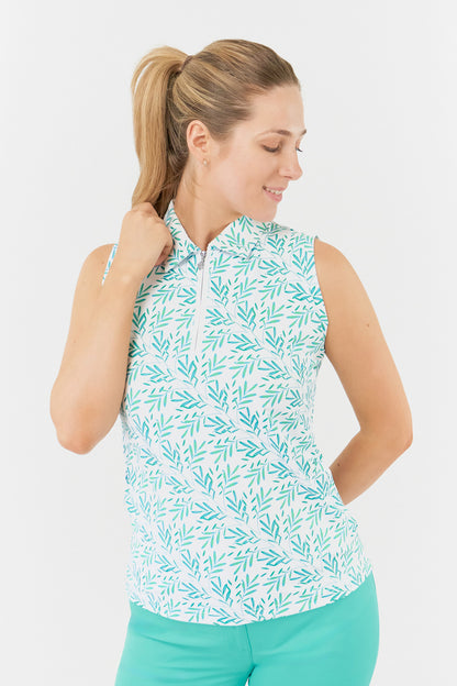 Pure Amity Sleeveless Polo Shirt Floating Palms Green/White