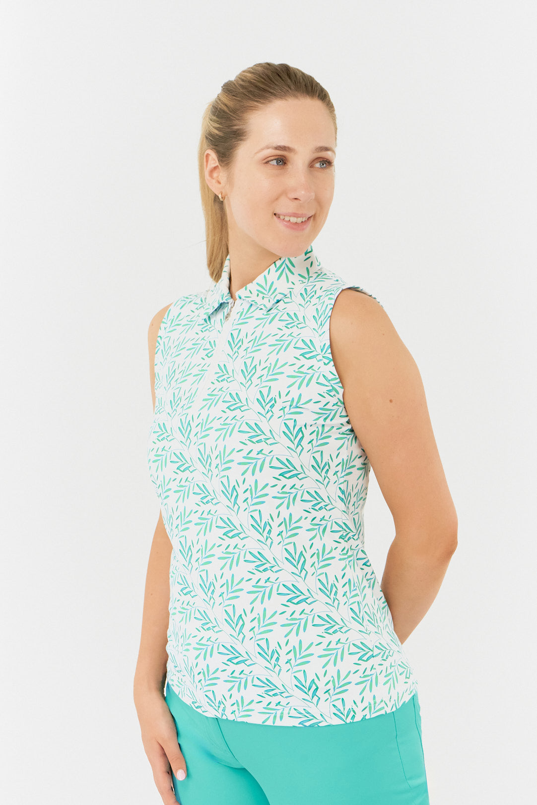 Pure Amity Sleeveless Polo Shirt Floating Palms Green/White