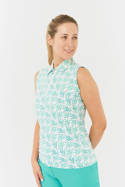 Pure Amity Sleeveless Polo Shirt Floating Palms Green/White