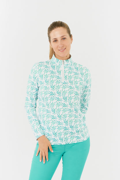 Pure Serenity Long Sleeve 1/4 Zip Midlayer in Floating Palms Green/White