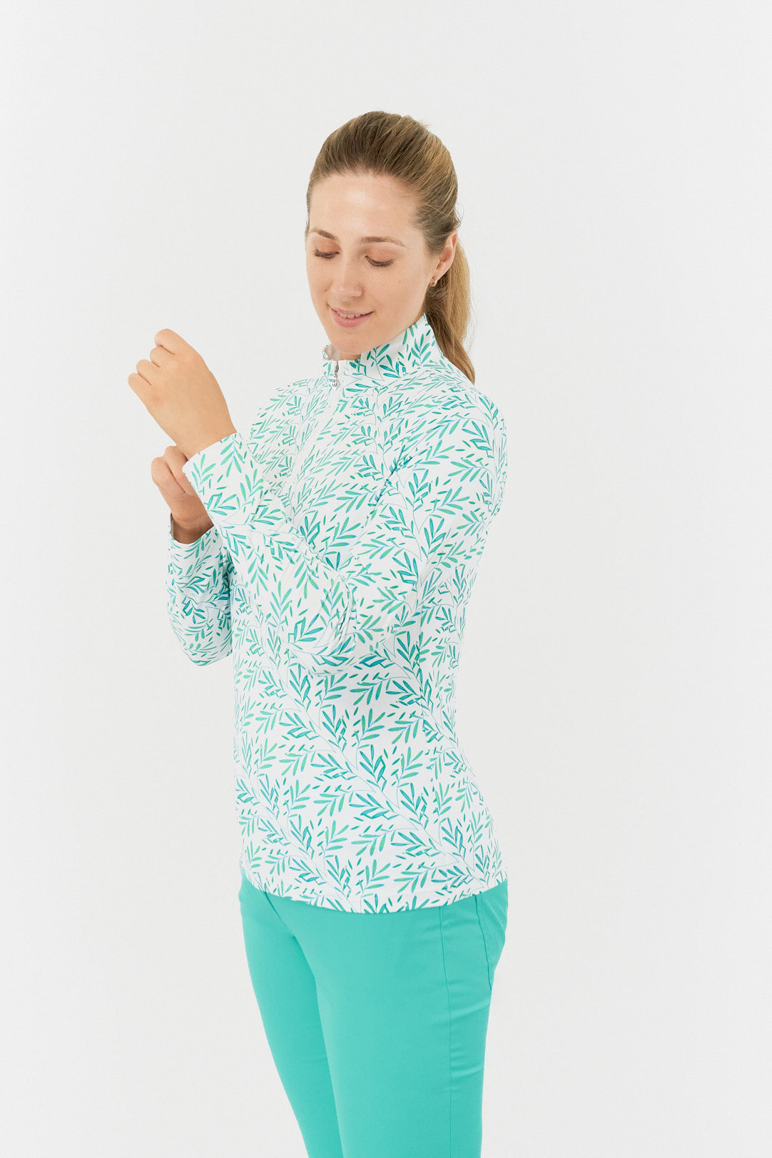 Pure Serenity Long Sleeve 1/4 Zip Midlayer in Floating Palms Green/White
