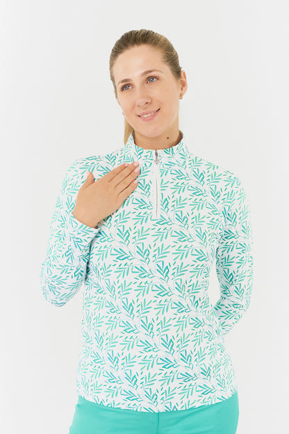 Pure Serenity Long Sleeve 1/4 Zip Midlayer in Floating Palms Green/White