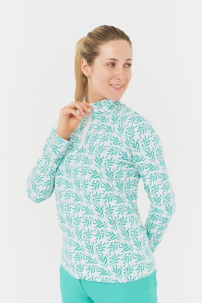 Pure Serenity Long Sleeve 1/4 Zip Midlayer in Floating Palms Green/White