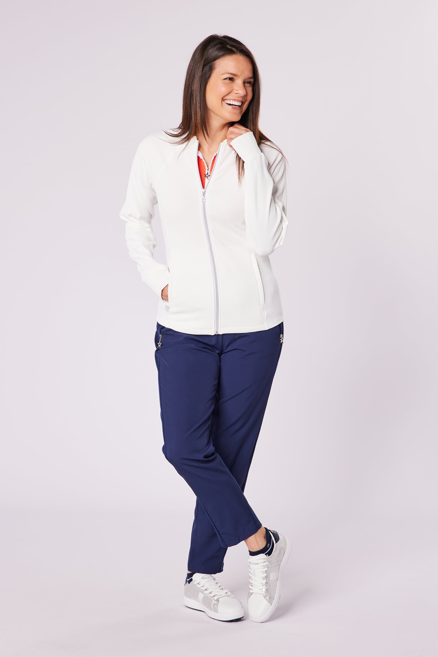 Swing out Sister Peach Elite Lightweight White Full Zip Jacket