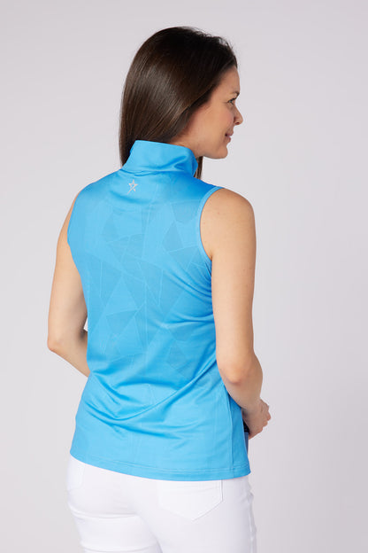 Swing out Sister Embossed Mirage Sleeveless Ladies Polo with Zip Neck in Ocean Blue