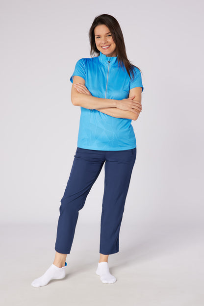 Swing out Sister Embossed Mirage Cap Sleeve Ladies Polo with Zip Neck in Ocean Blue