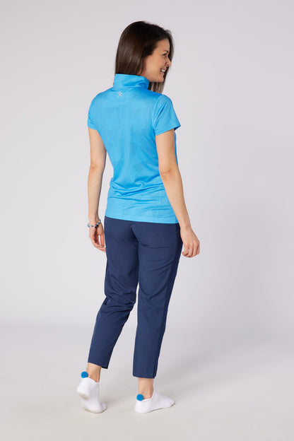Swing out Sister Embossed Mirage Cap Sleeve Ladies Polo with Zip Neck in Ocean Blue