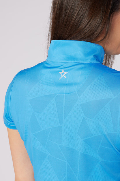 Swing out Sister Embossed Mirage Cap Sleeve Ladies Polo with Zip Neck in Ocean Blue
