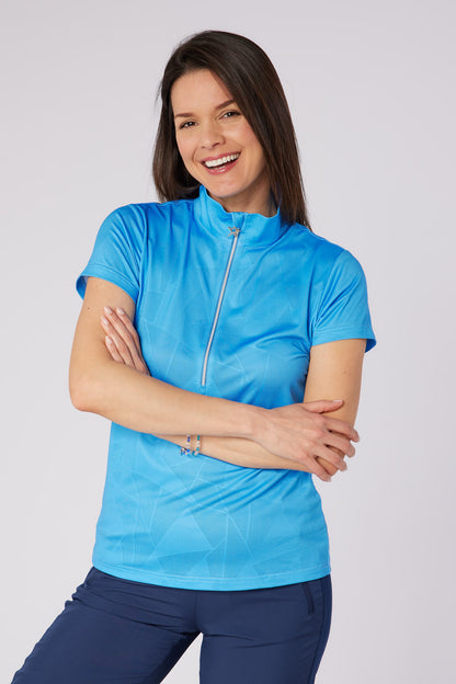 Swing out Sister Embossed Mirage Cap Sleeve Ladies Polo with Zip Neck in Ocean Blue