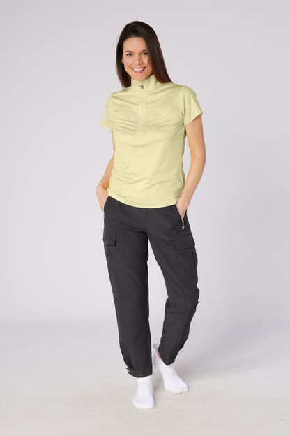 Swing out Sister Embossed Mirage Cap Sleeve Ladies Polo with Zip Neck in Lemon Drop