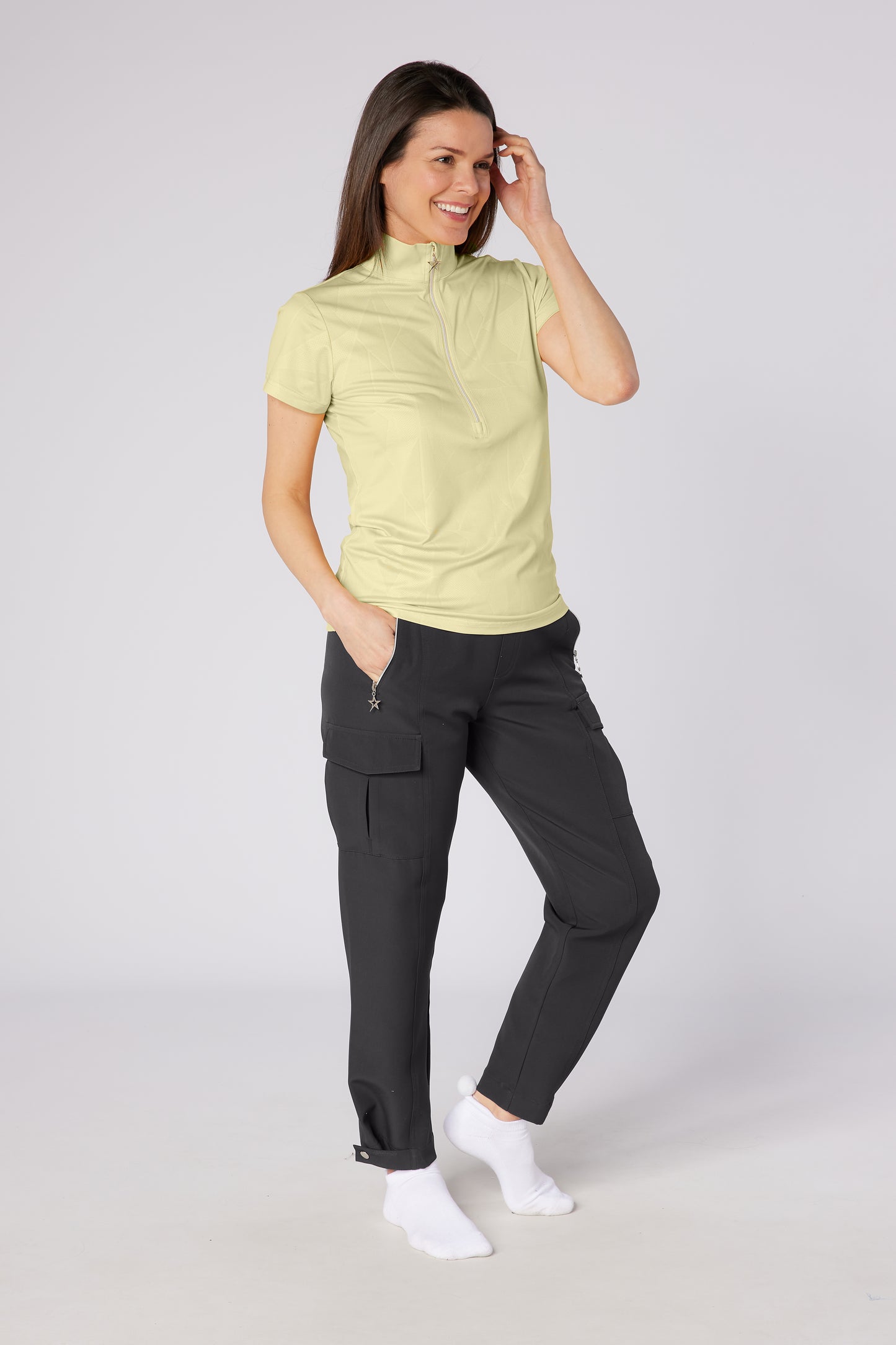 Swing out Sister Embossed Mirage Cap Sleeve Ladies Polo with Zip Neck in Lemon Drop
