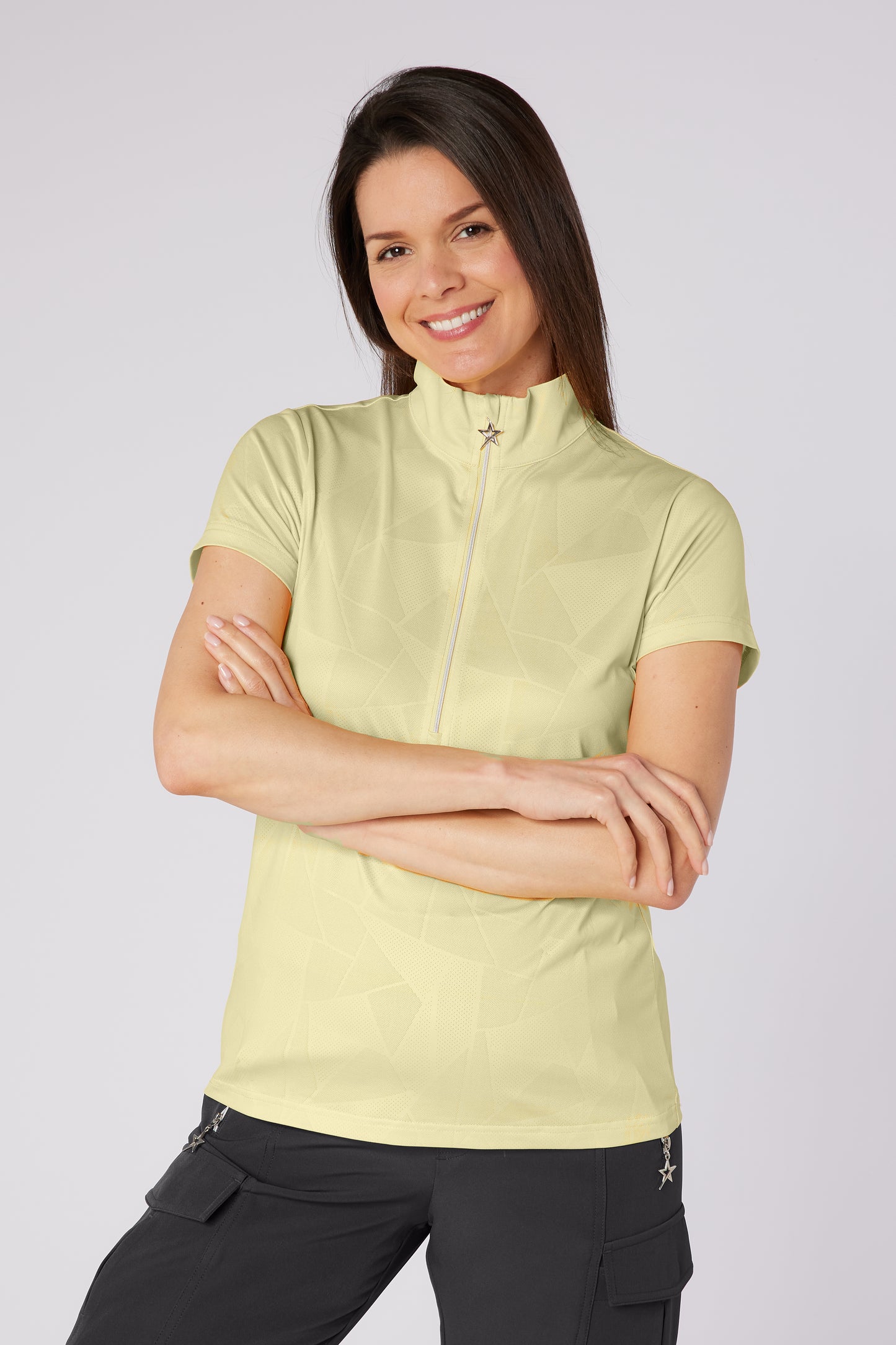 Swing out Sister Embossed Mirage Cap Sleeve Ladies Polo with Zip Neck in Lemon Drop