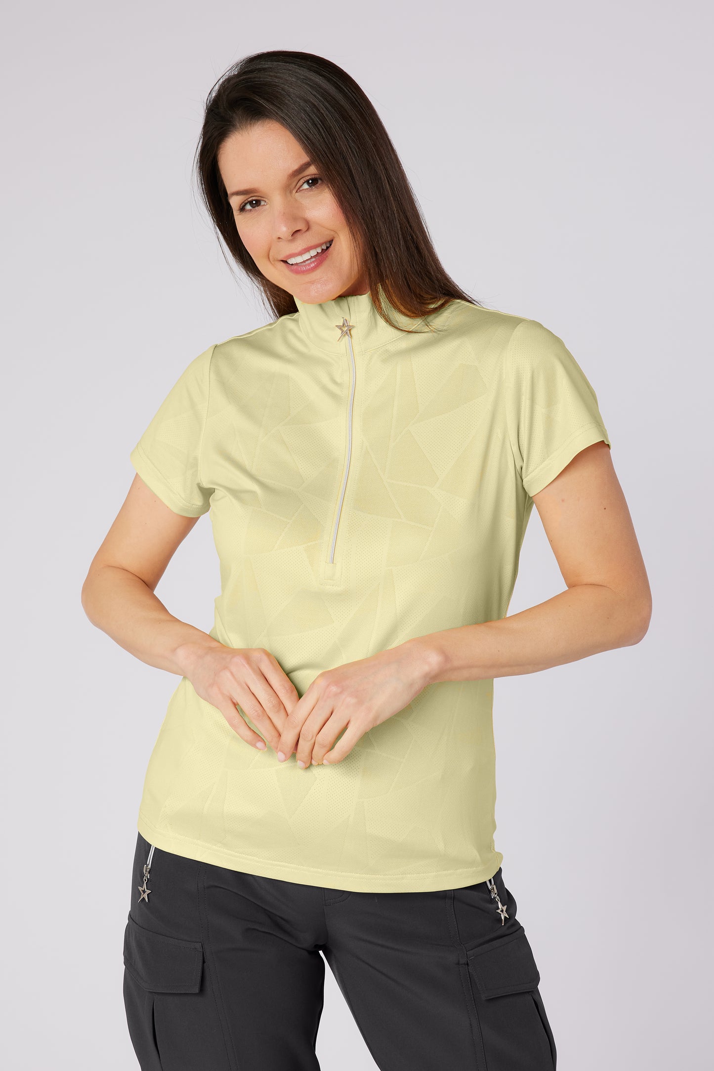 Swing out Sister Embossed Mirage Cap Sleeve Ladies Polo with Zip Neck in Lemon Drop