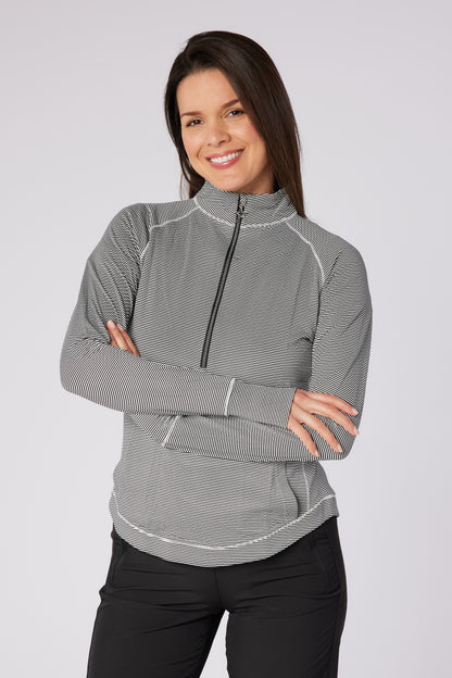 Swing out Sister Black and White Fine stripe Lottie Zip Neck Top