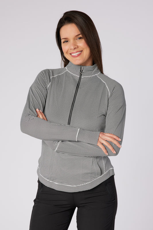 Swing out Sister Black and White Fine stripe Lottie Zip Neck Top