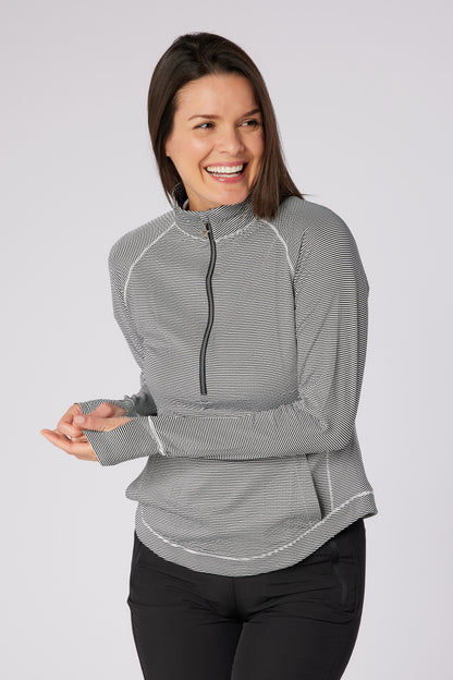 Swing out Sister Black and White Fine stripe Lottie Zip Neck Top