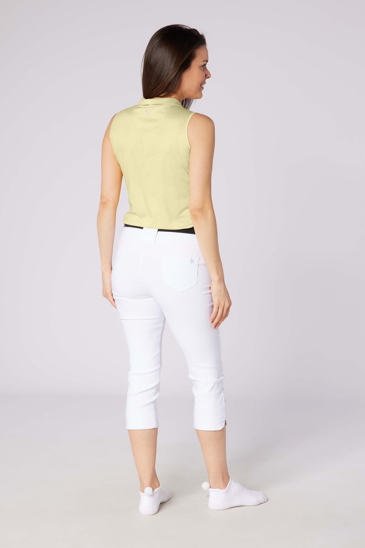 Swing out Sister Embossed Mirage Sleeveless Ladies Polo with Zip Neck in Lemon Drop
