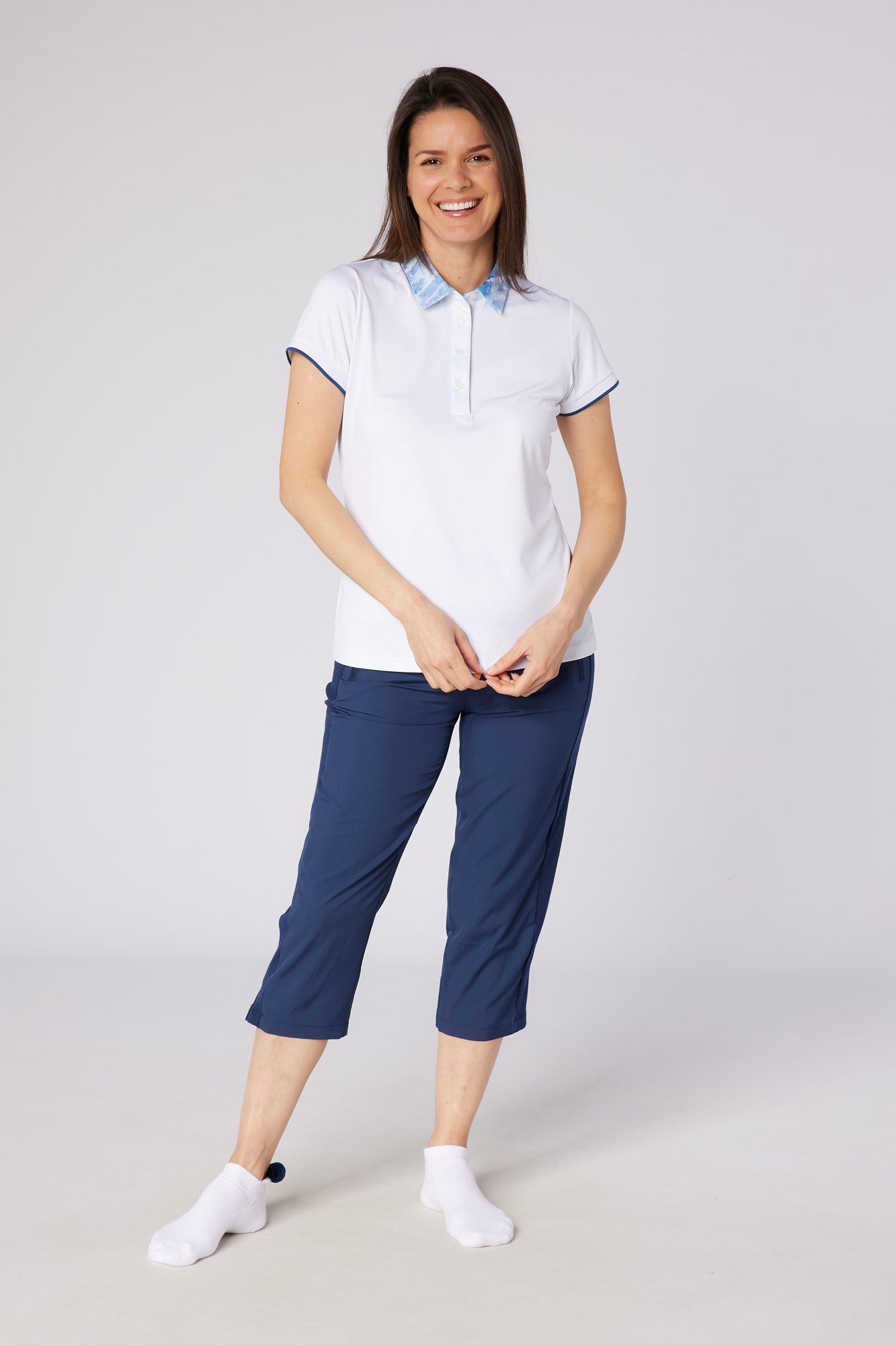 Swing out Sister Luca Cap Sleeve Polo in White with Neptune Breath Print  Detailing to the Collar