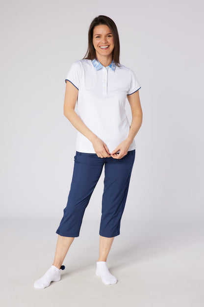 Swing out Sister Luca Cap Sleeve Polo in White with Neptune Breath Print  Detailing to the Collar