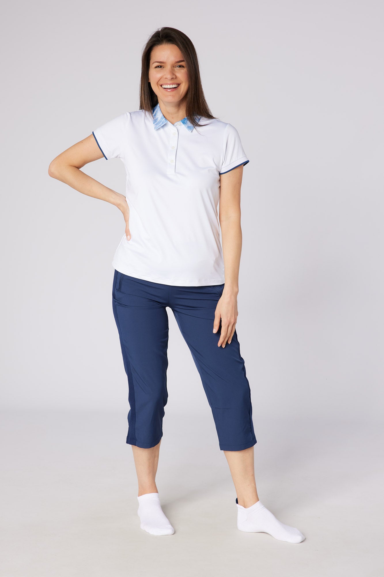 Swing out Sister Luca Cap Sleeve Polo in White with Neptune Breath Print  Detailing to the Collar