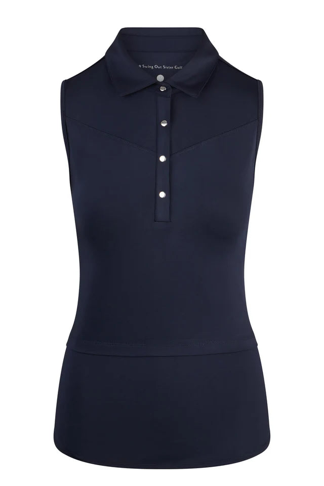 Swing Out Sister Sleeveless Amelia Polo Top in Navy
