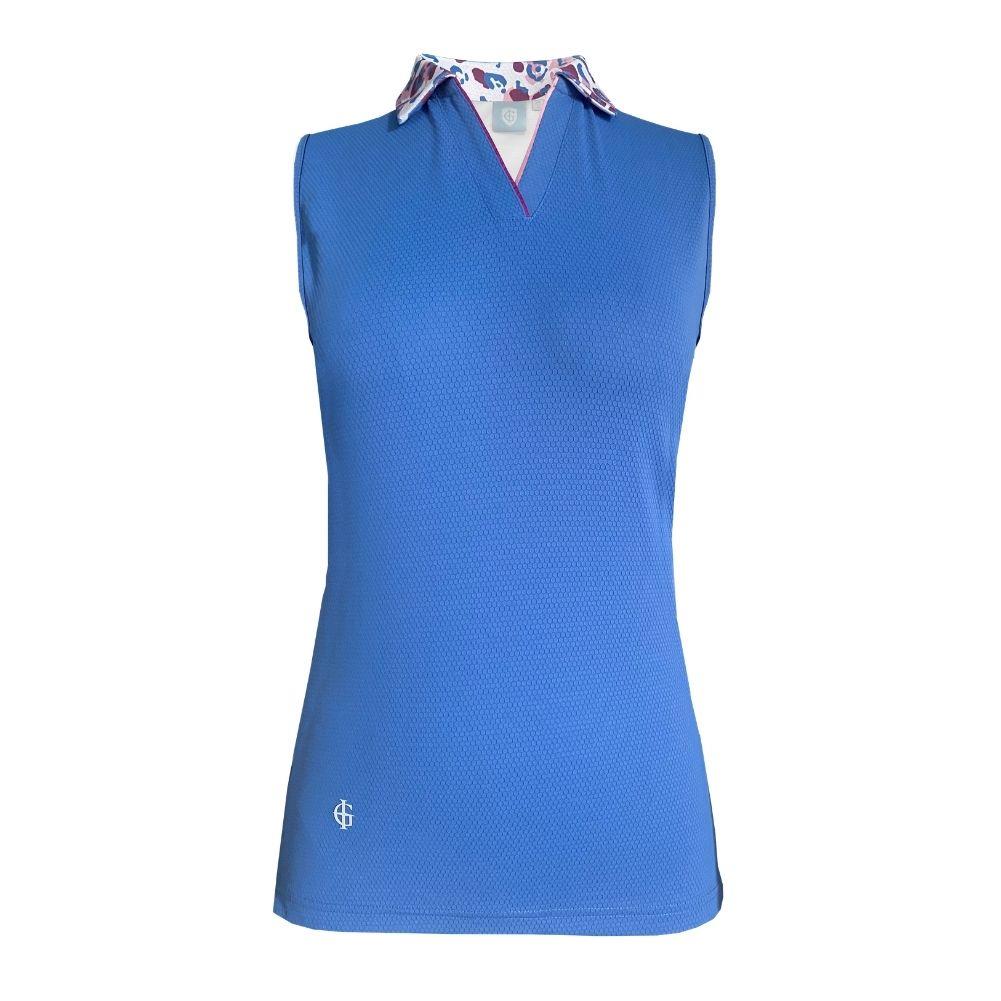 Island Green Ladies Sleeveless Leopard Print Collar Polo Top in Blue